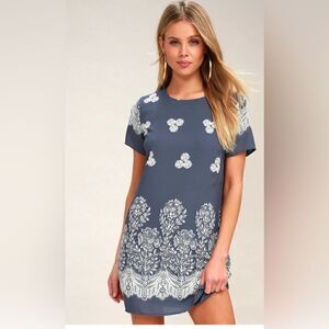 Lulu’s Riverside Slate Blue Floral Print Shift Dress Medium 469752